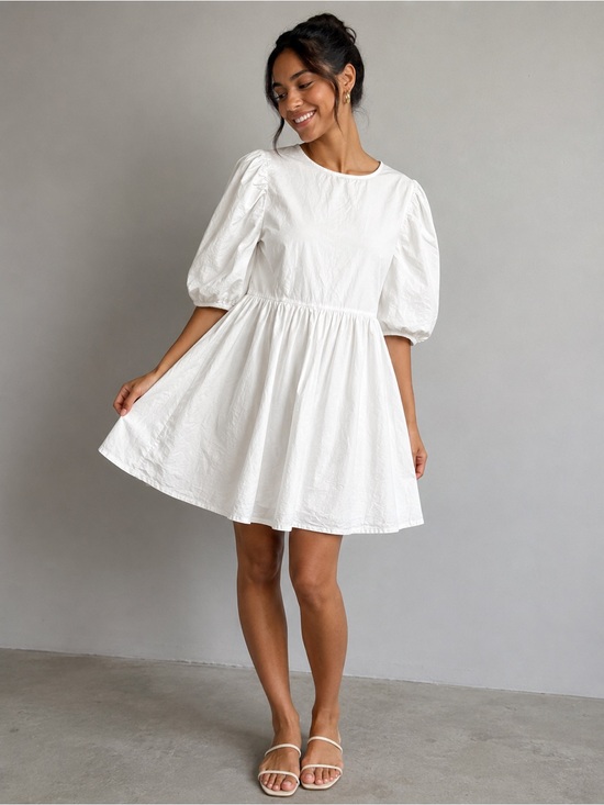 Toppies Dresses & Skirts - White Puff Sleeve Mini Dress 100% Cotton- Classic Daytime Style